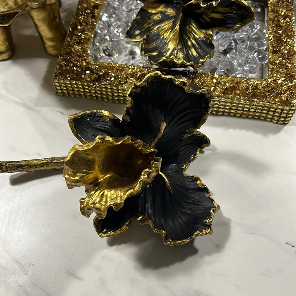 Black Iris Flower with Gold hand designed trim, Decor